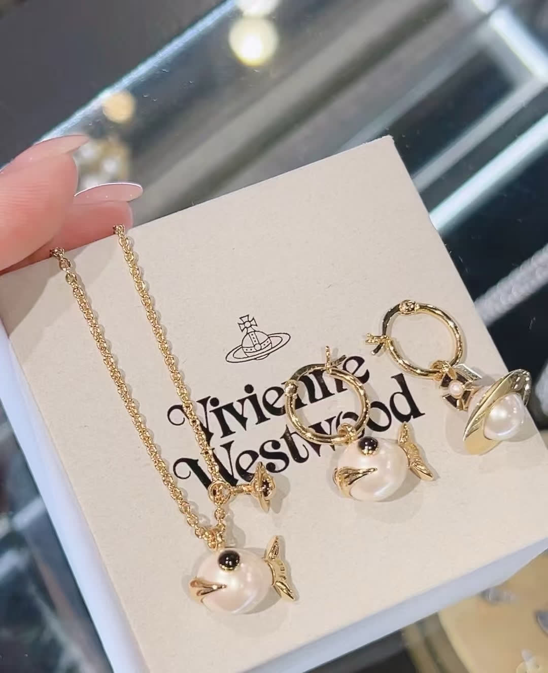 Vivienne Westwood Gold Pearl Fish Necklace and Earring Set